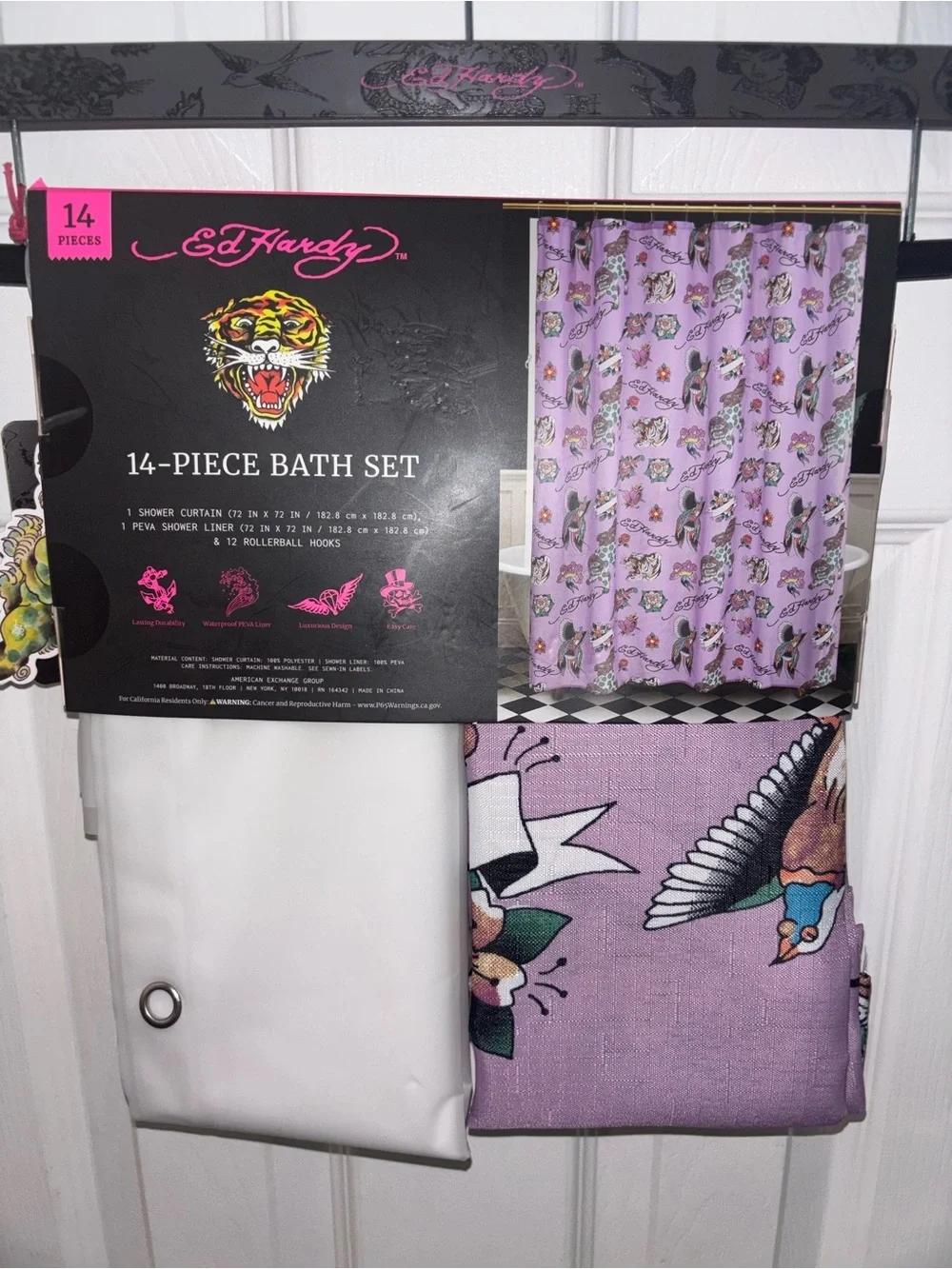 Ed Hardy Lavender Tattoo-Print Bath Set with White Liner
